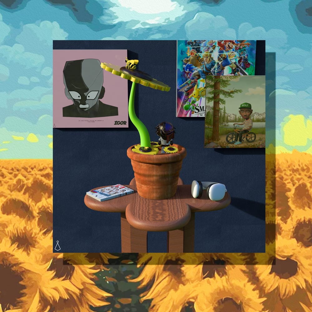 Painted Design Frame with Sunflower Background and Small Sunflower-Themed Design Objects