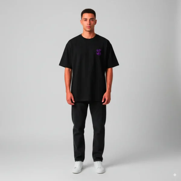 Purple Logo Tee man front - Black streetwear t-shirt purple design