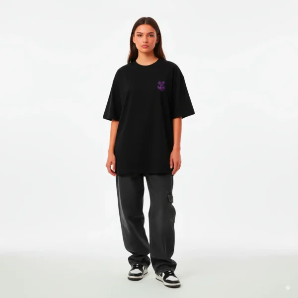 Purple Logo Tee woman front - Black streetwear t-shirt purple design